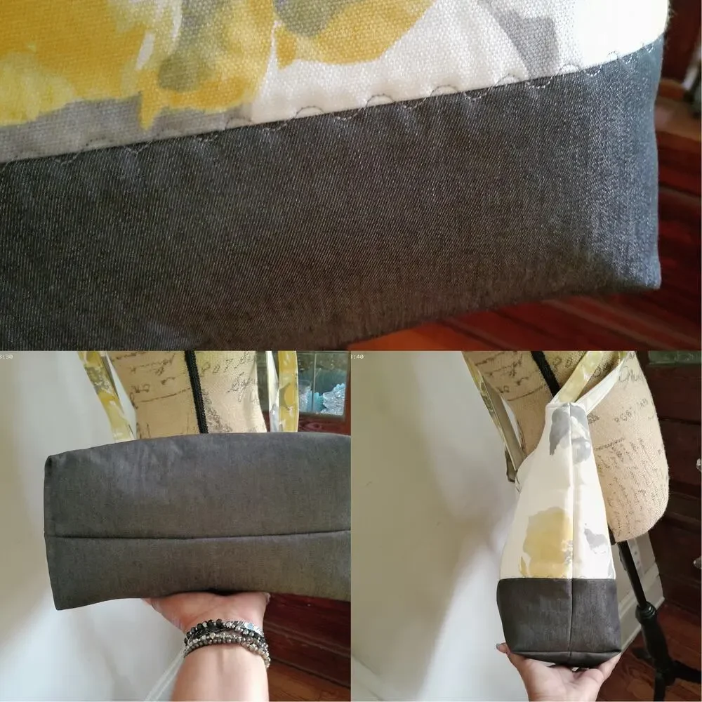 Handcrafted Fabric Purse Cream Artisan Carryall Tote Floral Denim Shoulder Bag